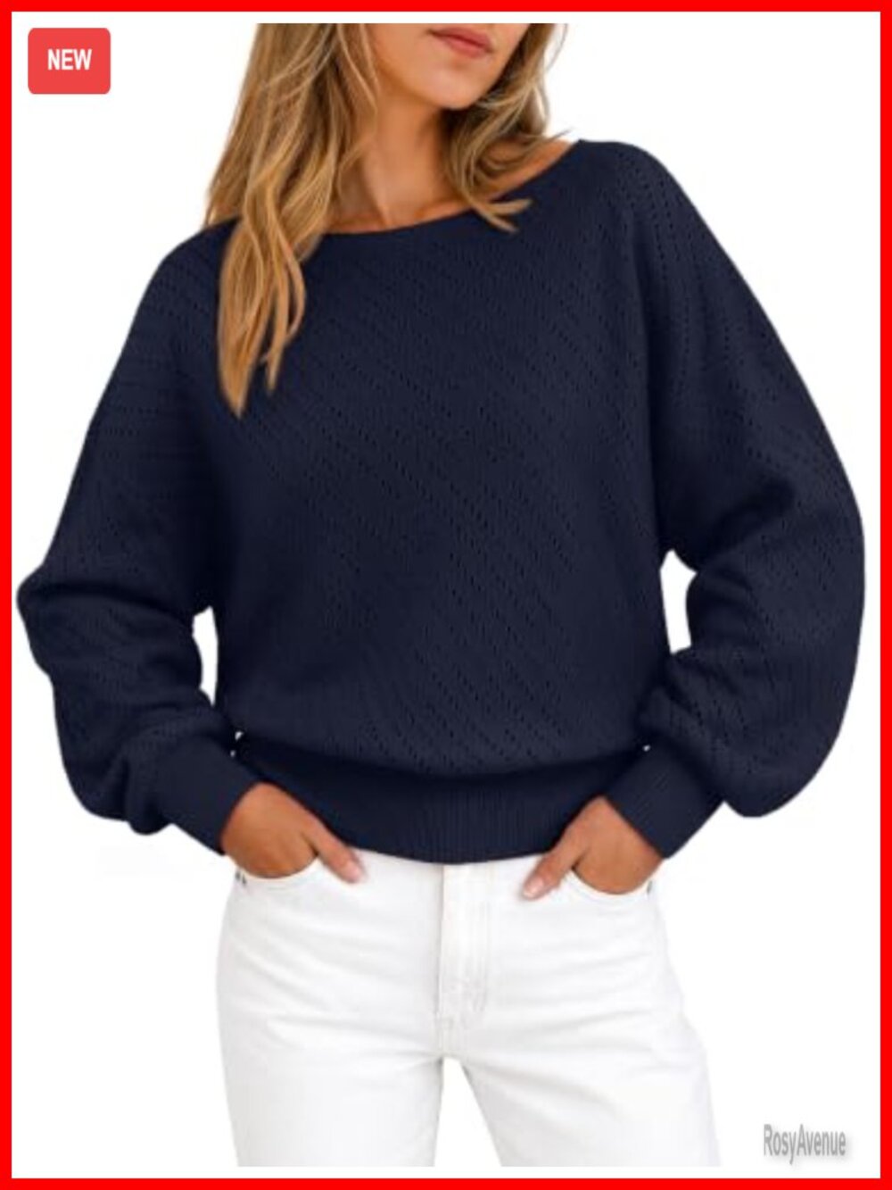Womens Boat Neck Long Sleeve Pointelle Knit Sweater Pullover Fall Winter